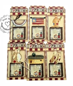 Hang Tags I LOVE PRIMITIVES MIXED FOLK ART STYLE TAGS #T 17  Gift Tags - Picture 1 of 4