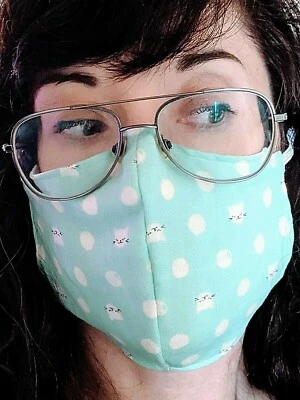 MINI CAT FACE dot print mint green cotton face mask washable reusable handmade - Image 1 of 3