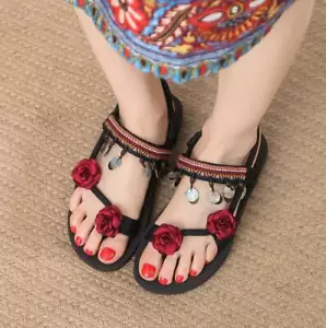 lady Floral Flat National style clip toe Summer Beach Sweet Tassels Bead Sandals - Picture 1 of 16