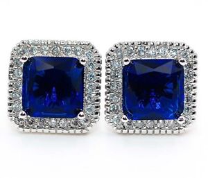 4CT Blue Sapphire & White Topaz 925 Solid Sterling Silver Earrings Jewelry