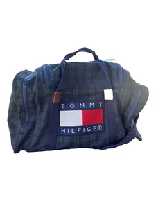 Vtg 90s Tommy Hilfiger Tartan Plaid Blue Green Box Flag Logo large Duffel Bag - Picture 1 of 4