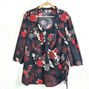 AUTOGRAPH Women Top Plus Size 18 Black/Red Floral Stretch Knit 3/4 Sleeve - Picture 1 of 11