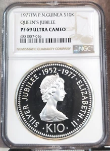 1977 PAPUA NEW GUINEA SILVER 10 KINA JUBILEE NGC PF 69 ULTRA CAMEO RARE TOP POP - Picture 1 of 3
