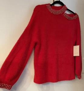 Maglione maglia ciglia rosse calligrafiche con diamanti Bling taglia large vacanza nuovo con etichette - Foto 1 di 10