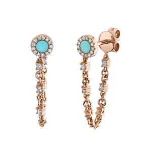 14K Rose Gold Turquoise Diamond Chain Earrings Stud Round Cut 0.43 TCW - Picture 1 of 4