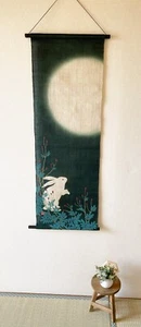 Kyoto Hangin scroll Kakejiku Tapestry Handpaint Usagi Rabbit Moon Tsukimi Japan - Picture 1 of 8