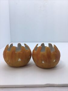 Porcelain Fall Leaf Votive Candle Holders Pair Orange 2 Inches Tall