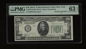 DBR 1934-A $20 FRN New York Fr. 2055-B PMG 63 EPQ Serial B88016412A - Picture 1 of 2