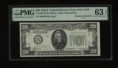 DBR 1934-A $20 FRN New York Fr. 2055-B PMG 63 EPQ Serial B88016412A - Image 1 of 2