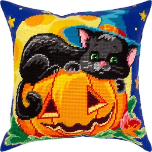 Hágalo usted mismo Kit de almohada de punta de aguja/tapiz "Gato Halloween" 16x16 pulgadas/40x40 cm - Imagen 1 de 5
