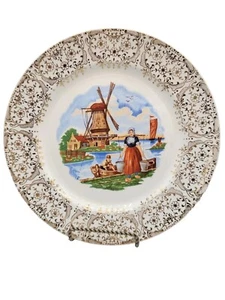 Stetson Dinner Plate 22 kt Gold Windmill Dutch Scene Man Woman 9" Round Vintage - Picture 1 of 6