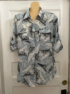 NWOT Women’s Karl Lagerfeld Blue & Black Eiffel Tower Blouse Size M - Picture 1 of 6