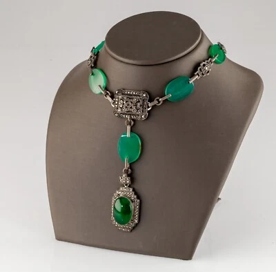 Argento Sterling Collana Con Giadeite, Marcasite, e Verde Vetro Accenti 45.7cm - Immagine 1 di 3