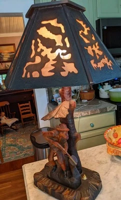 Antique Black Forest Lamp, Hand carved Tree & Hunter, Original Wood Carved... - Image 1 of 4