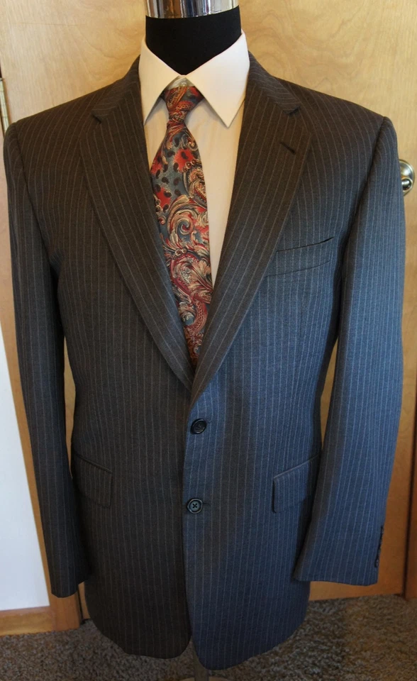 BURBERRY London 2 кнопки серый в тонкую полоску шерсти костюм куртка сделано в США размер 41 R - Изображение 1 из 4