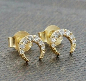 1Ct Round Cut Simulated Diamond Women's Moon Stud Earring 14K Yellow Gold Plated - Picture 1 of 6