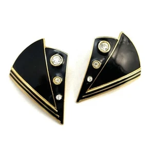 Vtg 80s Statement Earrings L Bott Rhinestone Gold Tone Black Enamel Pierced - Picture 1 of 8