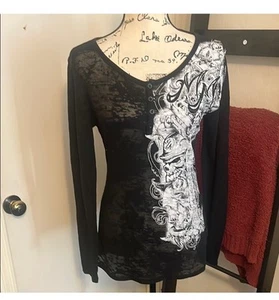 Metal Mulisha Black White Sheer Long Sleeve Women Shirt Size M Emo Skull Y2K - Picture 1 of 11