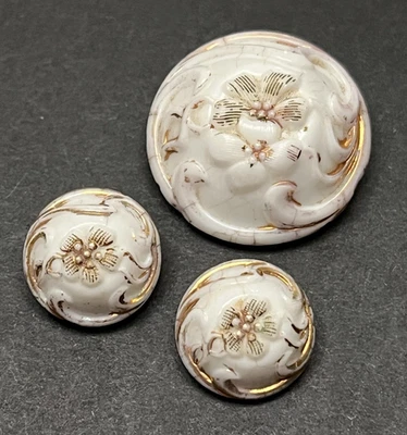 GORGEOUS Victorian Antique Set of 3 Milk Glass FLOWER/FLORAL Buttons - (A-B3) - Image 1 of 4