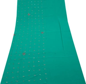 Sushila Vintage Green Sari Remnant Scrap Blend Crepe Hand Beaded Craft Fabric - Picture 1 of 6