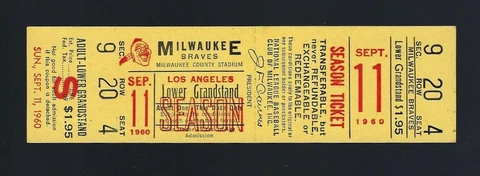 VINTAGE 1960 LOS ANGELES DODGERS @ MILWAUKEE BRAVES FULL TICKET - SEPT 11 Cover