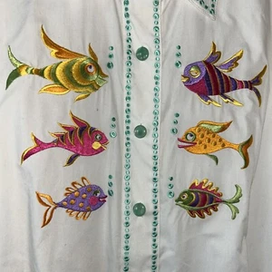 QVC Bob Mackie Embroidered Fish Blouse, New With Tags, Medium - Picture 1 of 7