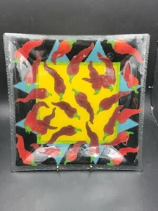 Peggy Karr Glas Rote Paprika Habanero Quadratische Platte Servierplatte 10 Zoll - Bild 1 von 5