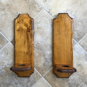 Vintage Hand Crafted Pair Rustic Wooden Wall Sconce Candle Holders 17" Tall - Picture 1 of 12
