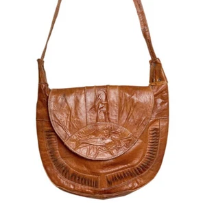 VINTAGE 60s 70s BROWN TAN ORANGE LEATHER RUCHED BOHO MOD SHOULDER BAG - Picture 1 of 6