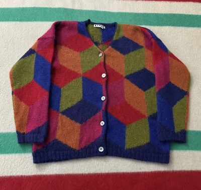 Vintage 70s 80s Mohair? Geometric Cube Colorful Cardigan Large L 24x27.5 Marni - Image 1 of 4
