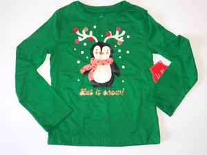 Girls Christmas Shirt XS 4 5 Green Holiday Penguin Long Sleeve - Picture 1 of 4