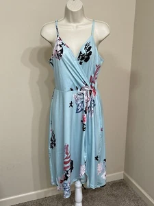 Women’s Blue Floral Print Wrap Front Sleeveless V-Neck Summer Dress s M - Picture 1 of 11