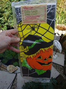 VTG PAPER ART Halloween Tablecloth 54" x 102" JOL Pumpkin w Spider in Web USA - Bild 1 von 2