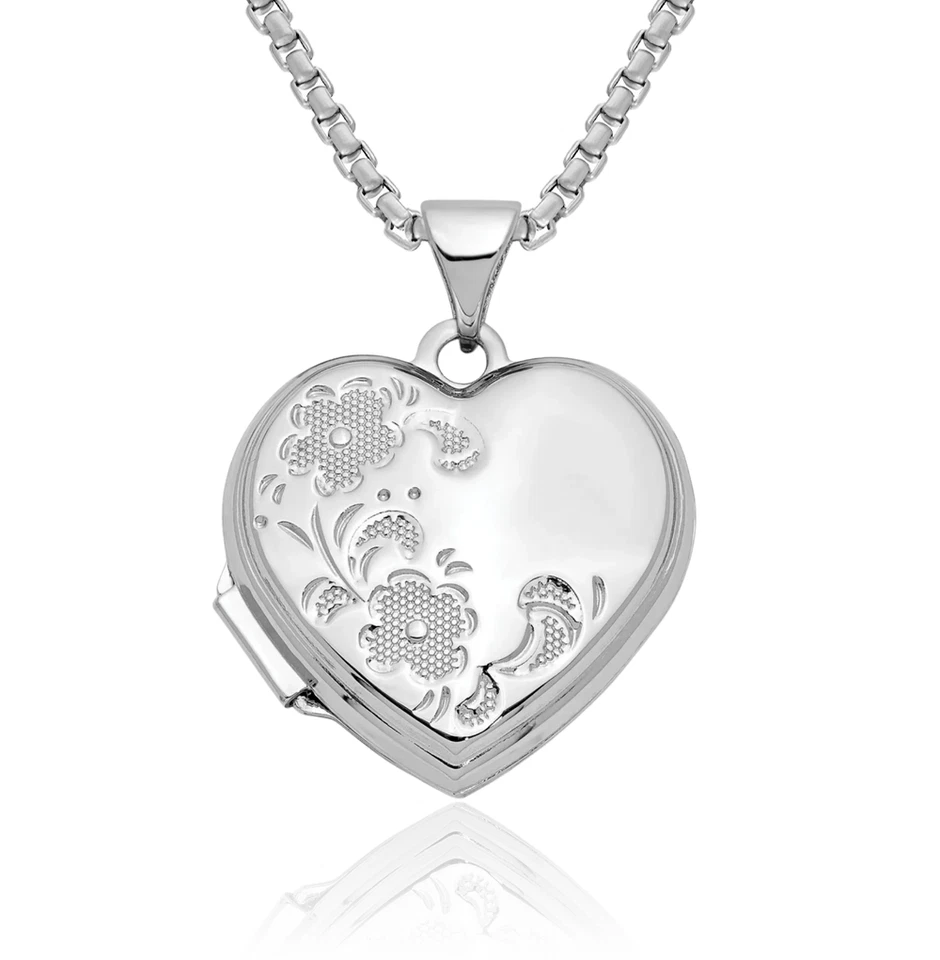 Colar medalhão foto coração flor ouro branco 14K sólido - Imagem 1 de 1