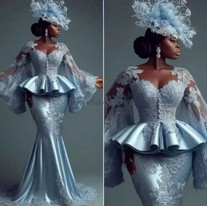 Long Sleeve Black Girl Plus Size Wedding Dresses Meramid Lace Applique Sheer - Picture 1 of 9