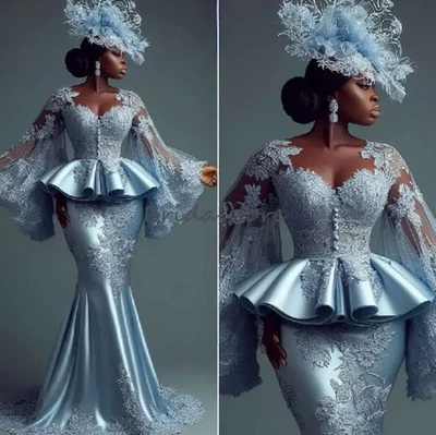 Long Sleeve Black Girl Plus Size Wedding Dresses Meramid Lace Applique Sheer - Image 1 of 4