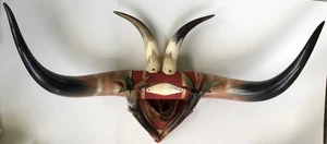 Vtg Bull Horn & Hoof Mexico Souvenir Wall Hanging Bullfighter Folk Art 28" Wide - Picture 1 of 14