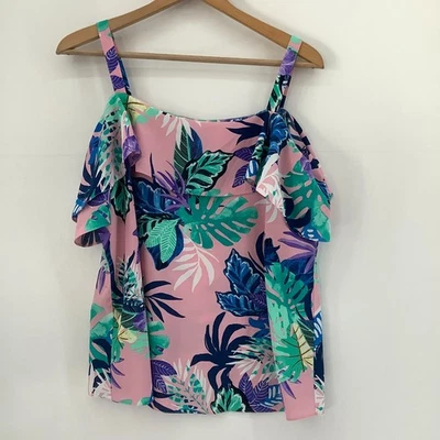 Pink Cold Shoulder Tropical Top Strappy Ruffle Frill Blouse M L - Image 1 of 4