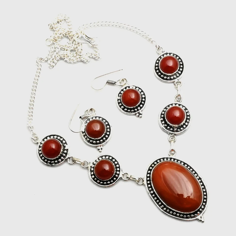 Collar + Pendientes Joyería 28 Gms AN 15189 Gemas Étnicas Hechas a Mano Piedras Preciosas Cornalina Foto 1 de 1