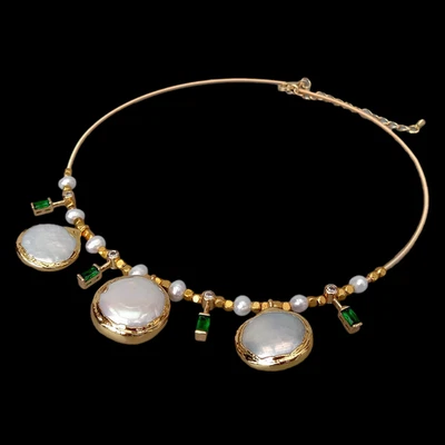 Collar Gargantilla 15" Cultivada Moneda Blanca Perla Patata Perla Circonita Pavé Dije Foto 1 de 4