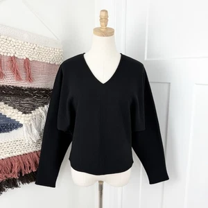 COS Dolman Sleeve Boiled Wool Blend V-Neck Cropped Sweater Black Sz XS - Picture 1 of 11