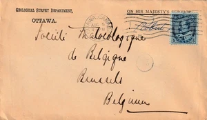 Canada to Belgium OTTAWA Edward VII 5c OHMS Robert Bell Geological Survey 1905 - Picture 1 of 1