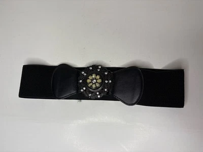 Vintage 80's Stretch Elastic Belt Black One Size Flower Rhinestones Gems Metal - Image 1 of 4