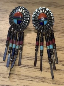 Orecchini pendenti Quoc turchese intarsiato multi pietra argento sterling mosaico QT - Foto 1 di 5