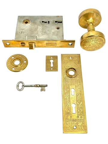 Antique Victorian Brass Corbin Door Hardware Mortise Lock Knobs Plates & Key Cover