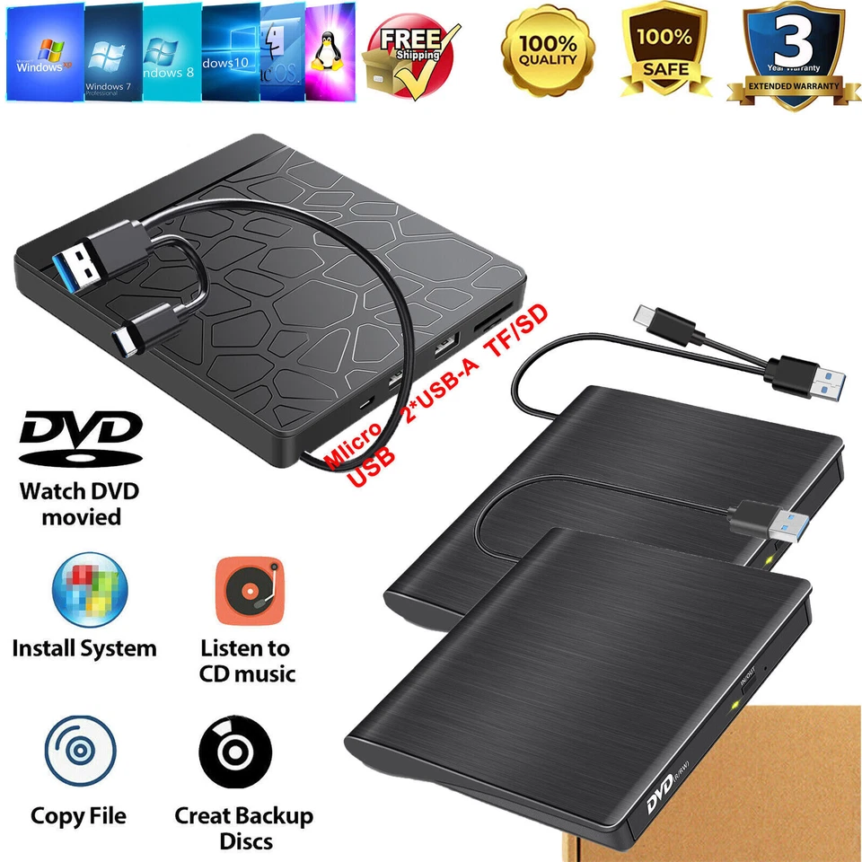 External CD/DVD Drive For PC Laptop Windows 11 10 USB 3.0 Burner Reader Writer - Image 1 of 1