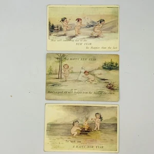 Vintage Happy New Year Gruß Postkarte nackte Babys / Kewpie Menge 3 - Bild 1 von 2