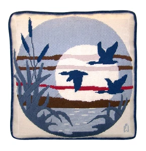Vintage Handmade Needlepoint Colorful Throw Pillow Geese Cattails 14" x 14" x 5" - Picture 1 of 5