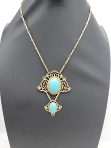 Colgante Vintage Imitación Turquesa Ovalados Cabujones Tono Dorado Articulado Sin Firmar - Imagen 1 de 8