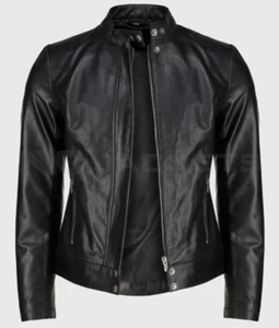 Chaqueta de motociclista de cuero de oveja negra hecha a mano para mujer - forrada de poliéster - Imagen 1 de 7